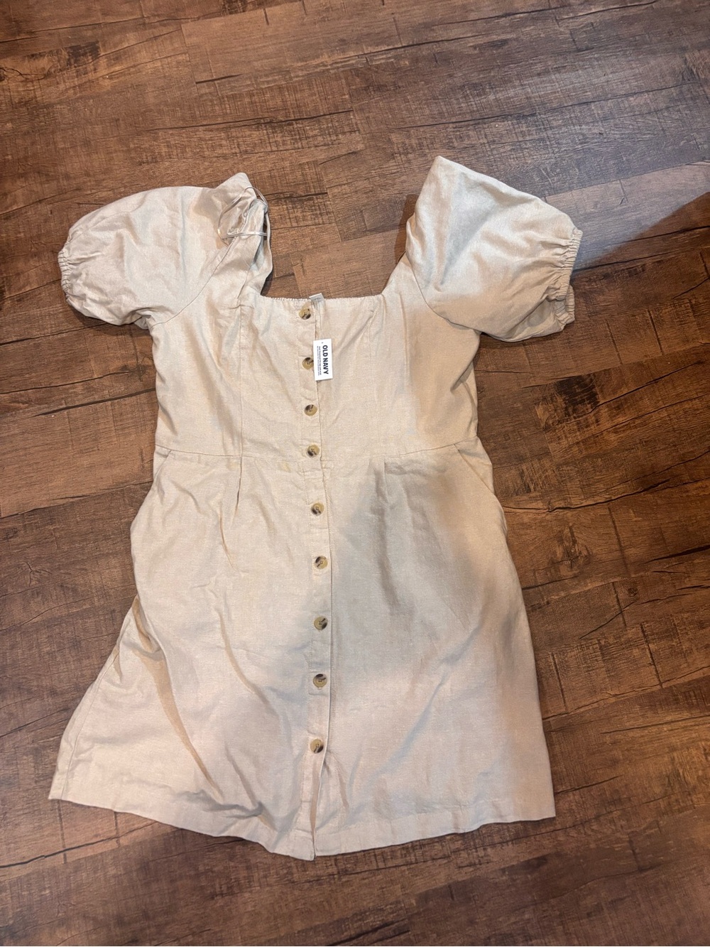 Old Navy Beige Puff-Sleeve Button-Front Dress